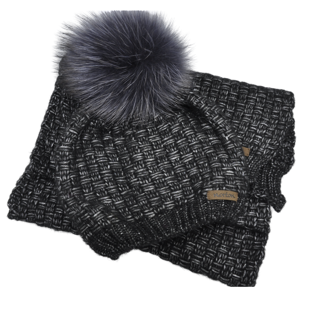 8822Set - beanie in glitter wool with bobble and scarf