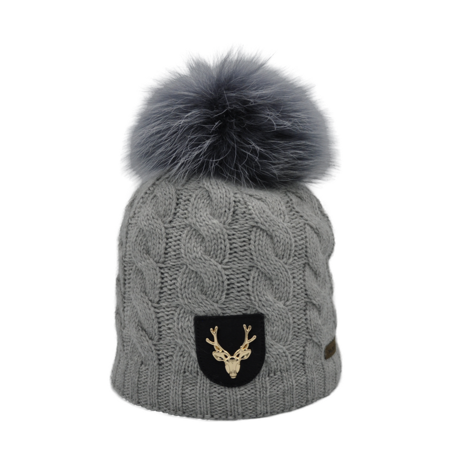 Merino-Mütze mit Lederpatch und Bommel