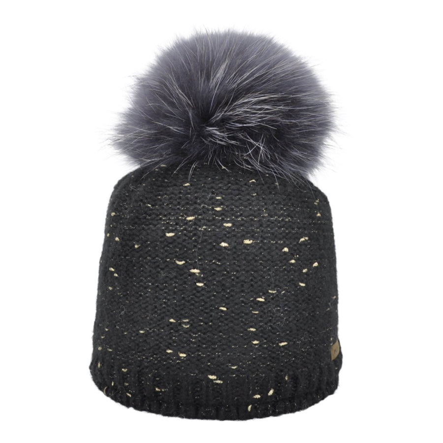 Mohair-Mütze mit Bommel und goldenem Lurex