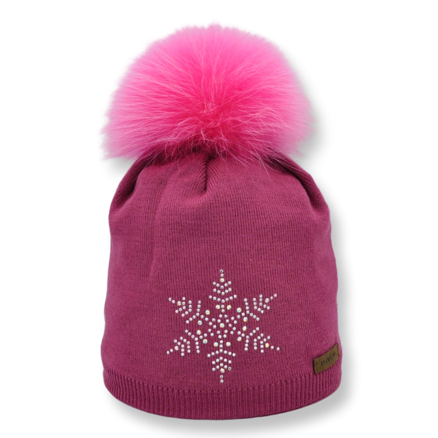 Berretto merino con fiocco di neve in strass, magenta