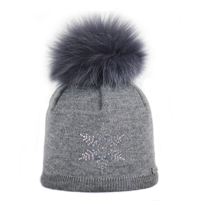 Merino Wool Beanie with Rhinestone Snowflake