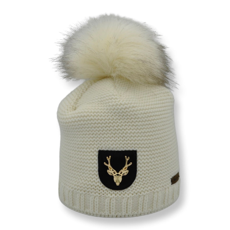 Merino Wool Beanie with Bobble and Deer Patch