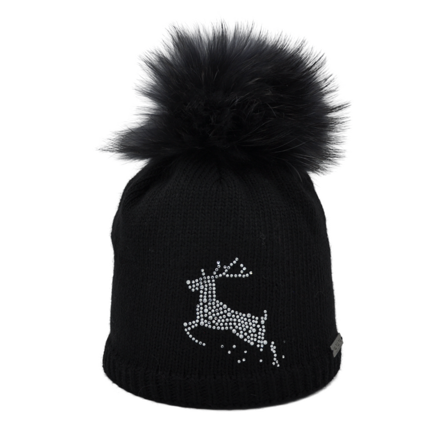 Merino-Mütze mit Strass-Hirsch und Bommel
