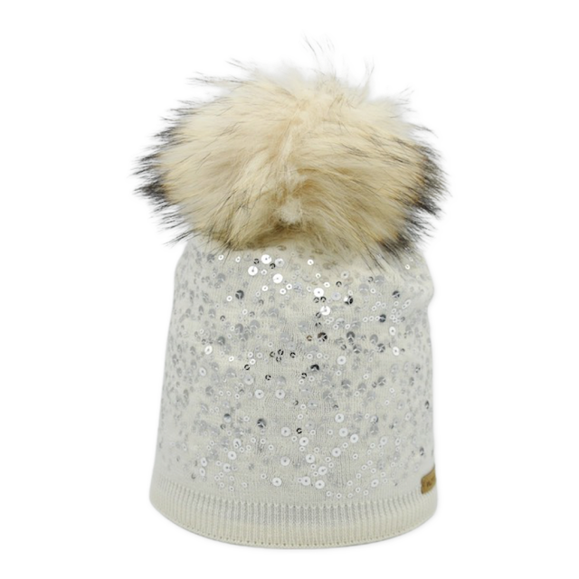 Merino Wool Beanie with Bobble and Sequin Detail