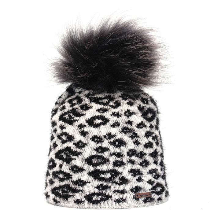 Merino Beanie with Lurex Leopard Jacquard and Bobble