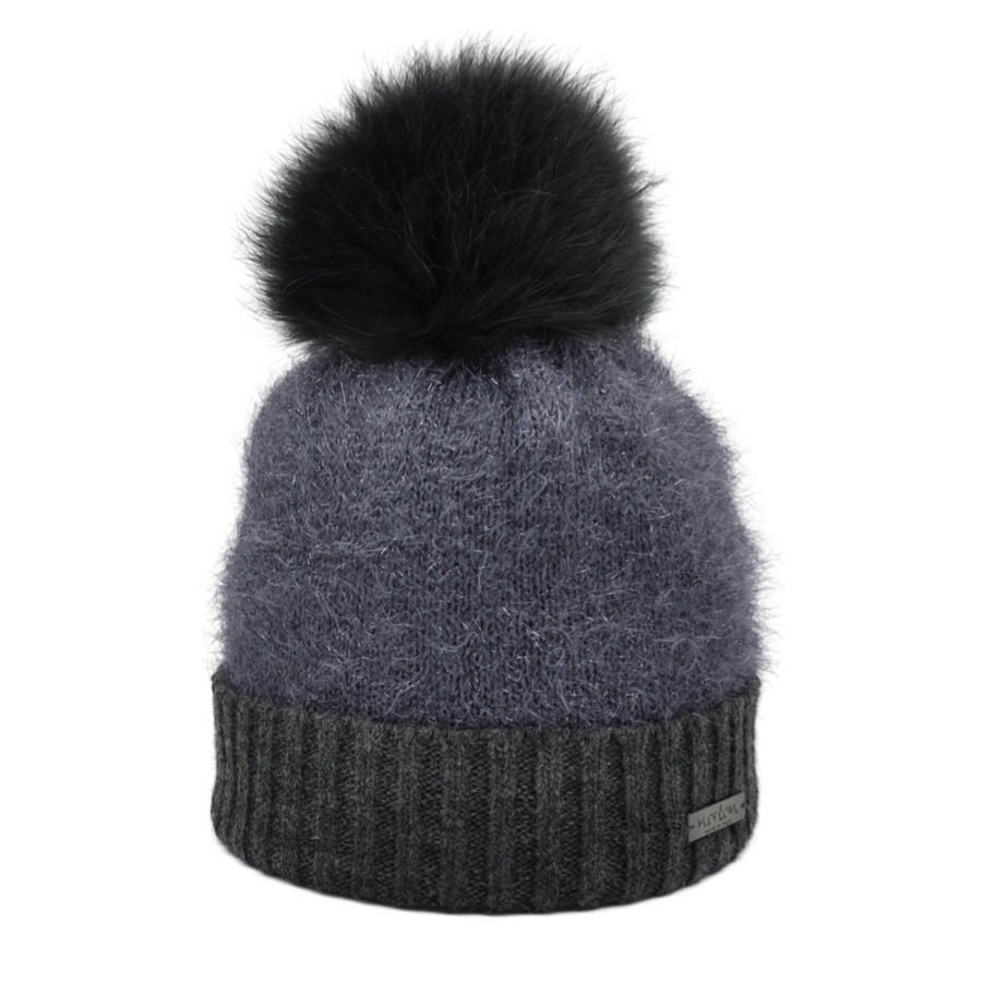 Damen-Mütze aus Merinowolle mit Lurex und Bommel