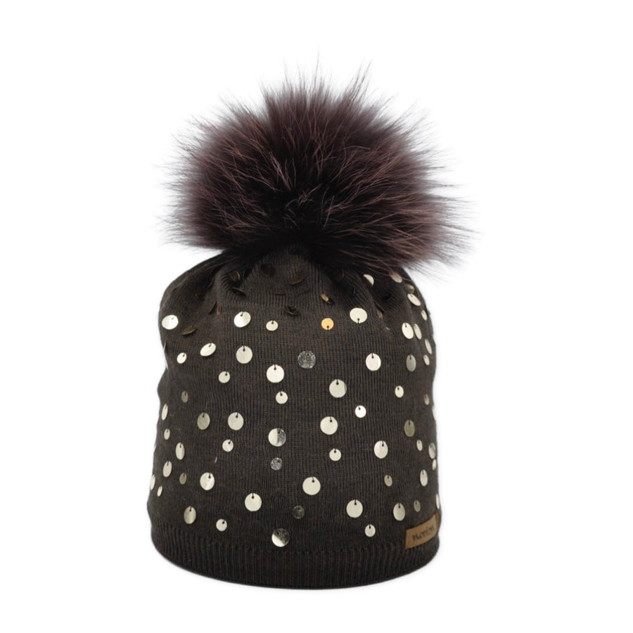 Damen-Mütze aus Merinowolle mit Pailletten und Bommel