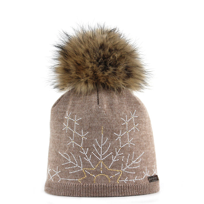 Mütze aus Merinowolle mit Strass-Schneestern und Bommel