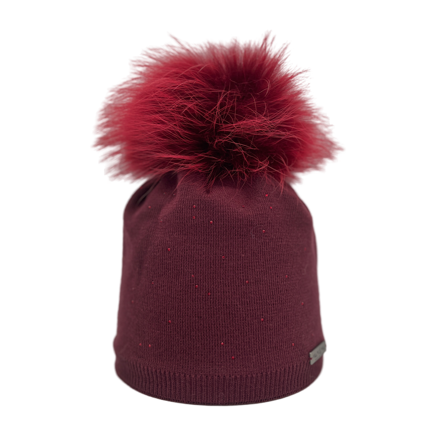 Damen-Mütze aus Merinowolle mit Strass und Bommel