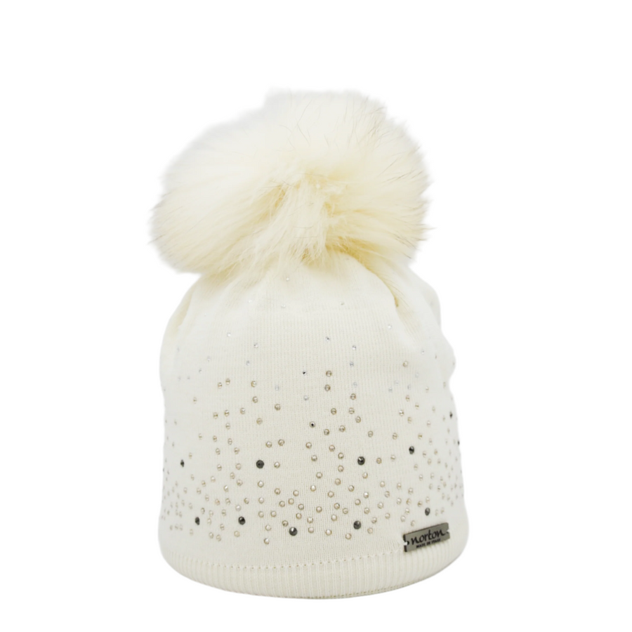Women's Merino Wool Beanie with Rhinestones and Pom