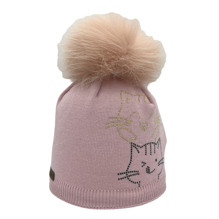 Kids' Wool Blend Beanie with Strass Cat and Bobble