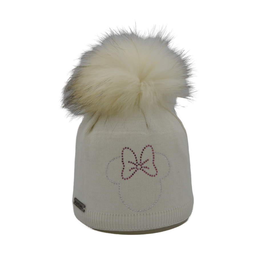 Kids' Wool Blend Beanie with Strass Motif and Bobble