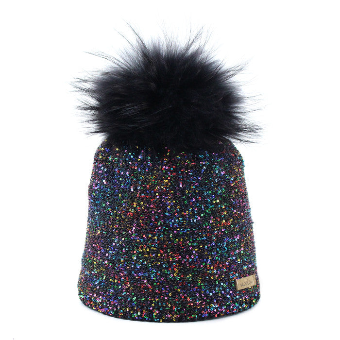 Merino Wool Beanie with Multicolour Sequins and Bobble