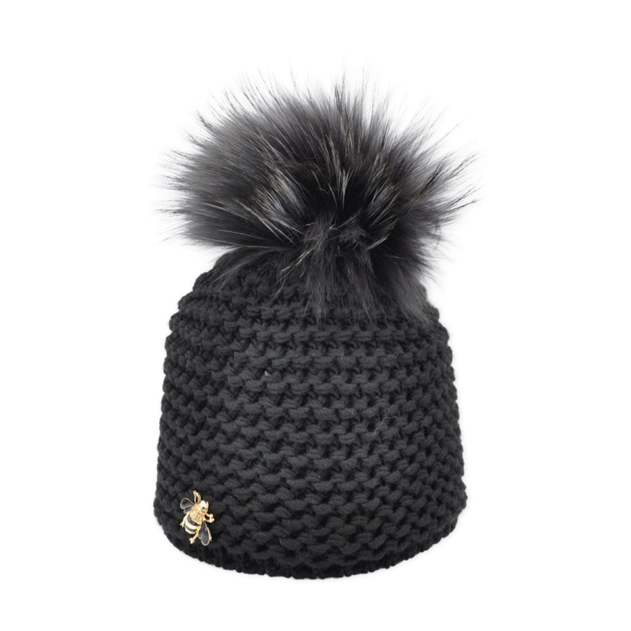 Merino Wool Beanie with Bee Detail and Bobble