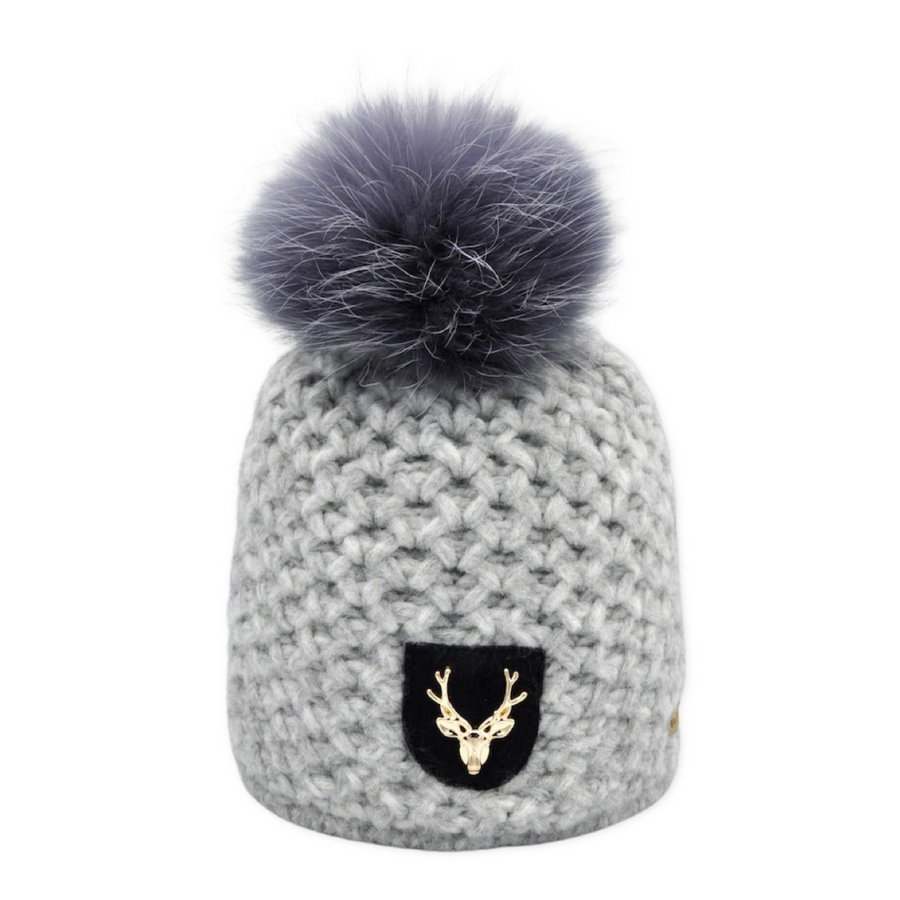 Merino Blend Beanie with Deer Patch and Bobble