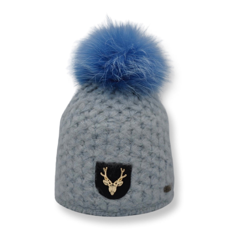Kinder-Merino-Mütze mit Hirsch-Patch und Bommel