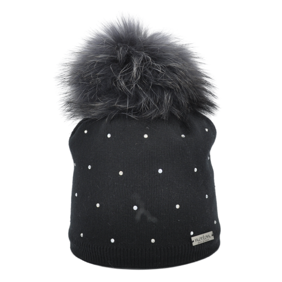 Merino Blend Beanie with Rhinestone Accents and Bobble