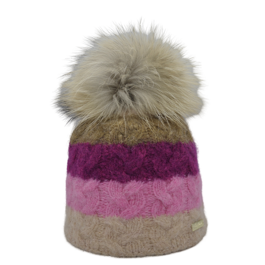 Berretto multicolore in lana mohair con pompon