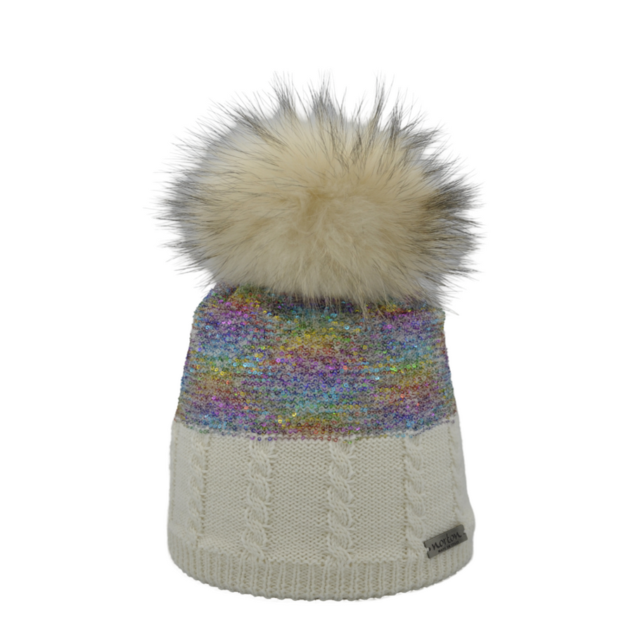 Merino-Mütze mit Bommel und Pailletten
