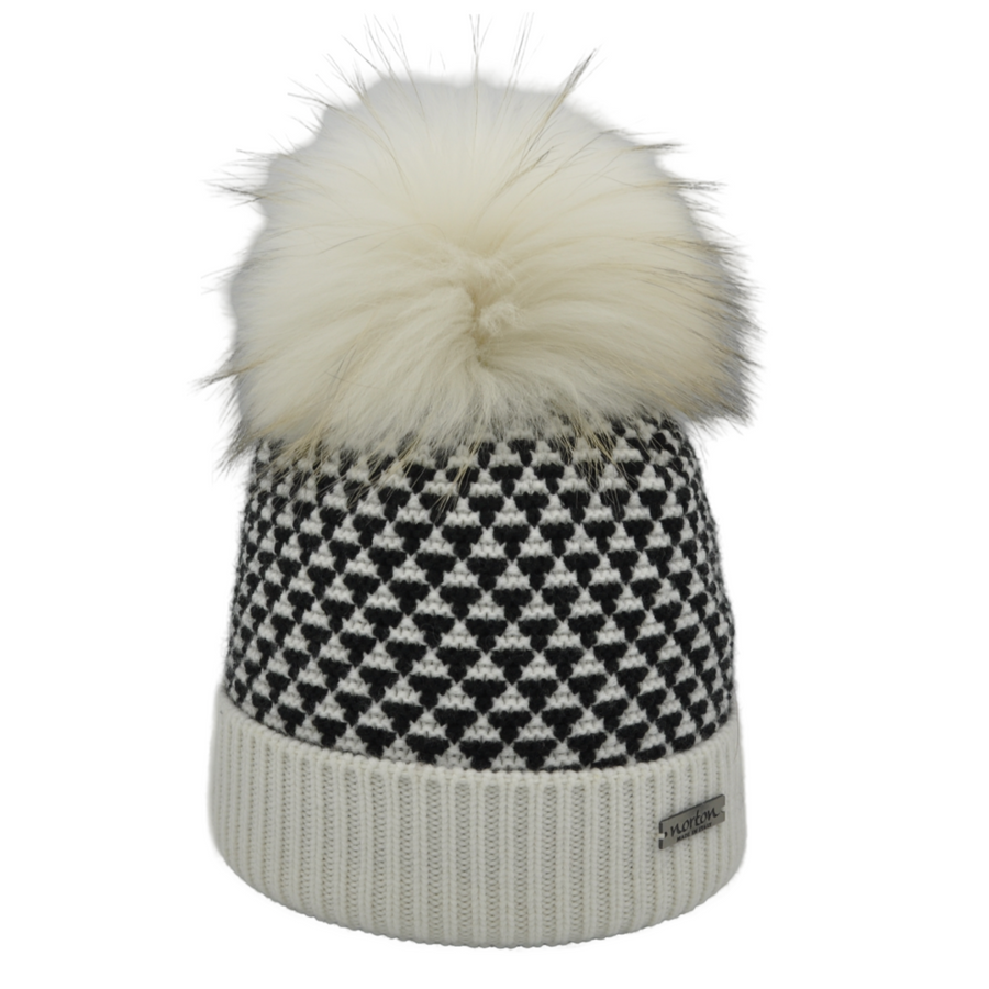 Zweifarbige Merino-Mütze mit Kunstfellbommel