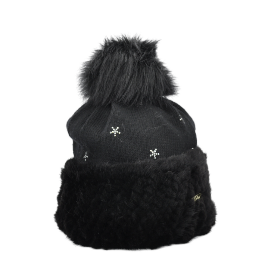 Kaschmir-Mütze mit Pelz, Strass und Bommel