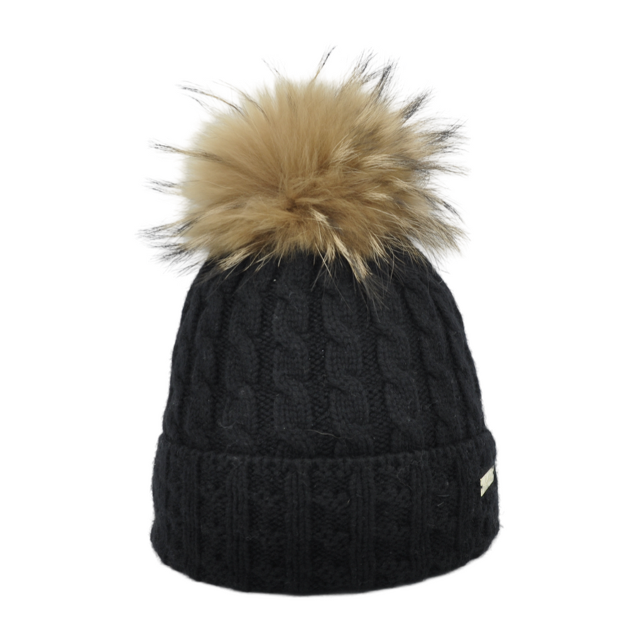 Kaschmir-Mütze mit Bommel und Fleecefutter