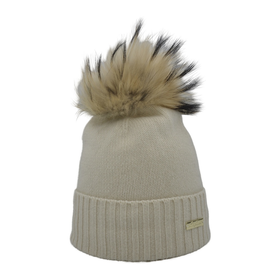Berretto in cashmere con pompon, bianco panna