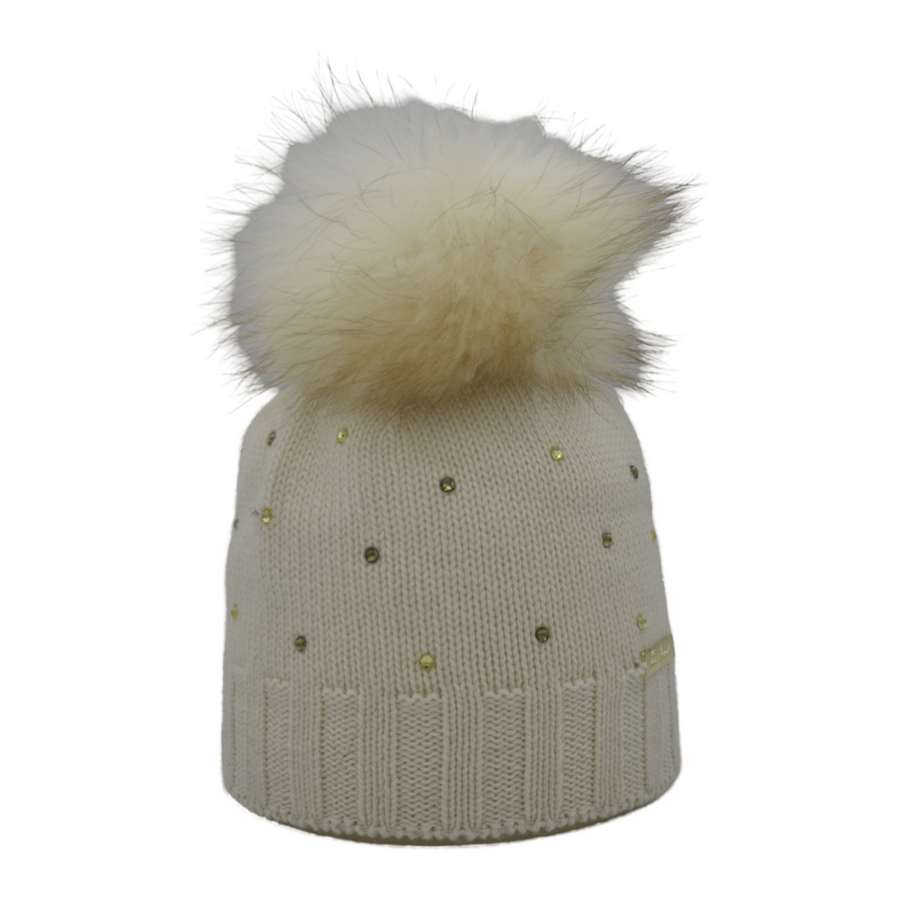 Berretto in cashmere con strass e pompon