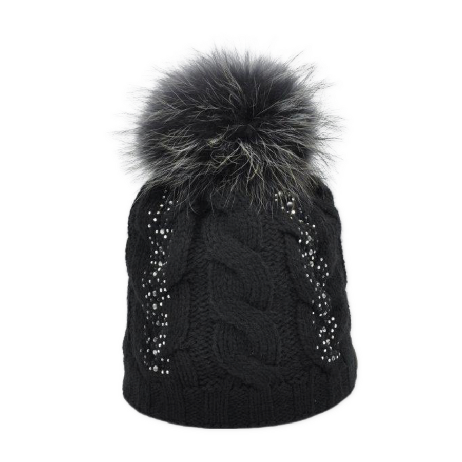 Berretto in lana merino con strass e pompon
