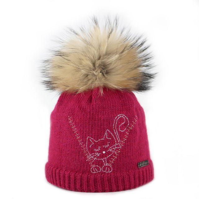 Kids' Merino Wool Beanie with Rhinestone Cat