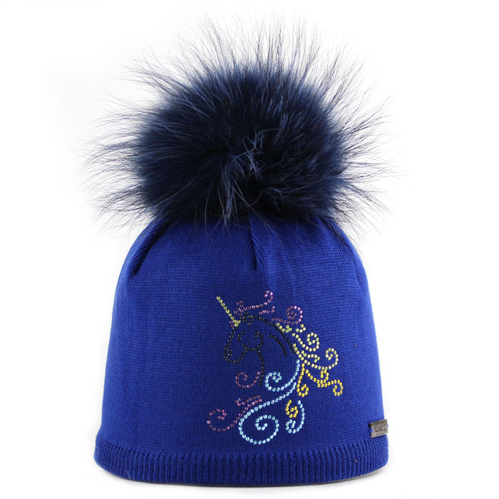 Kids' Merino Wool Beanie with Rhinestones and Bobble