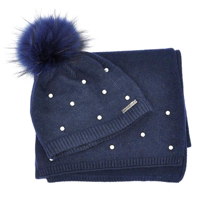 Berretto in lana cashmere con perle e pompon