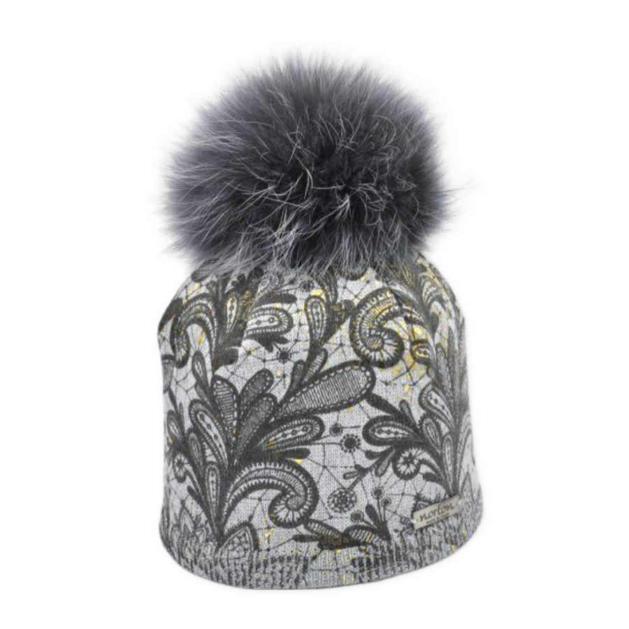 Merino-Mütze mit Druck und Bommel